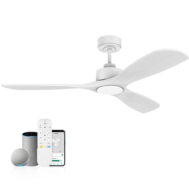52 in. Modern Outdoor Indoor White Ceiling Fans with LED Lights Remote, Voice Control via WIFI Alexa App, Quiet DC Motor - White