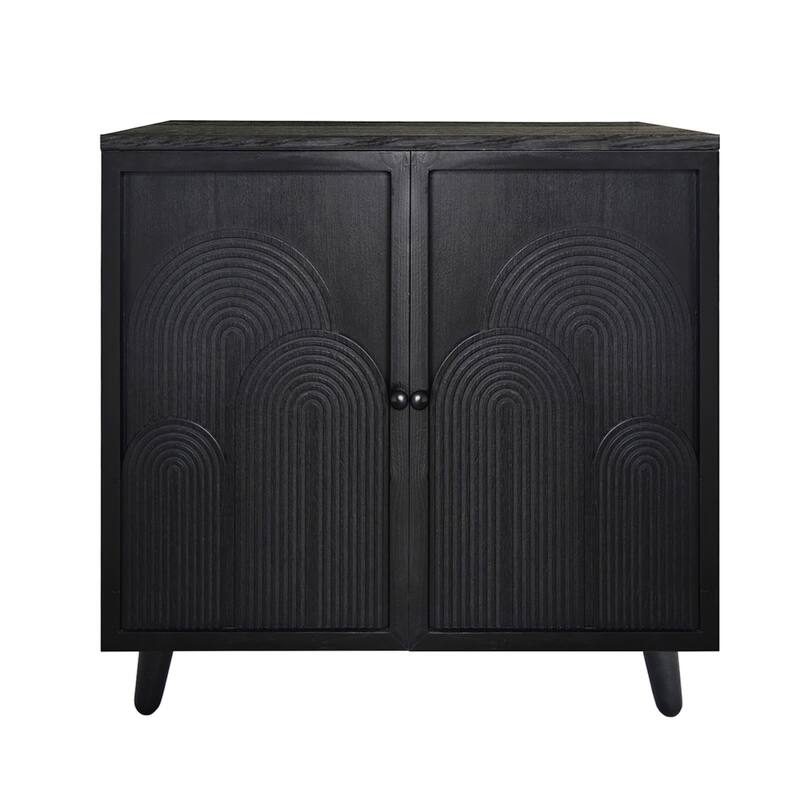 Roomfitters Modern Black Storage Cabinet with Embossed Geometric Door Design, 2-Tier