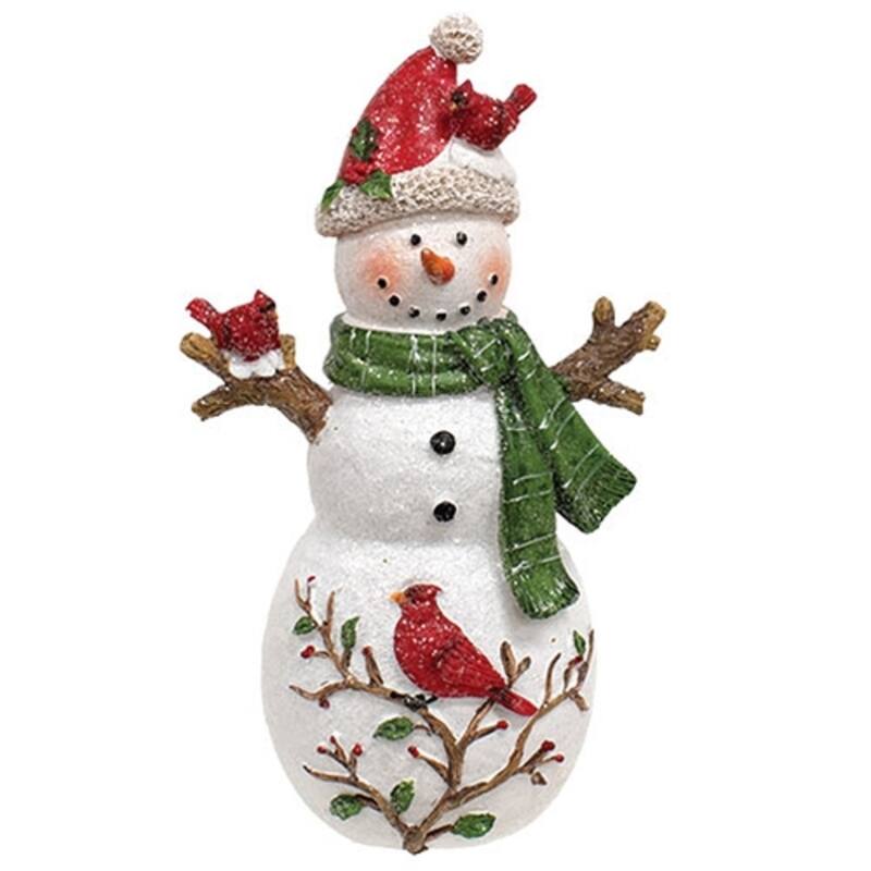 Festive Resin Snowman Figurine with Cardinal and Scarf Glittered Winter Holiday Table Decor 2 Asstd. - 12” H x 7” W x 4” D
