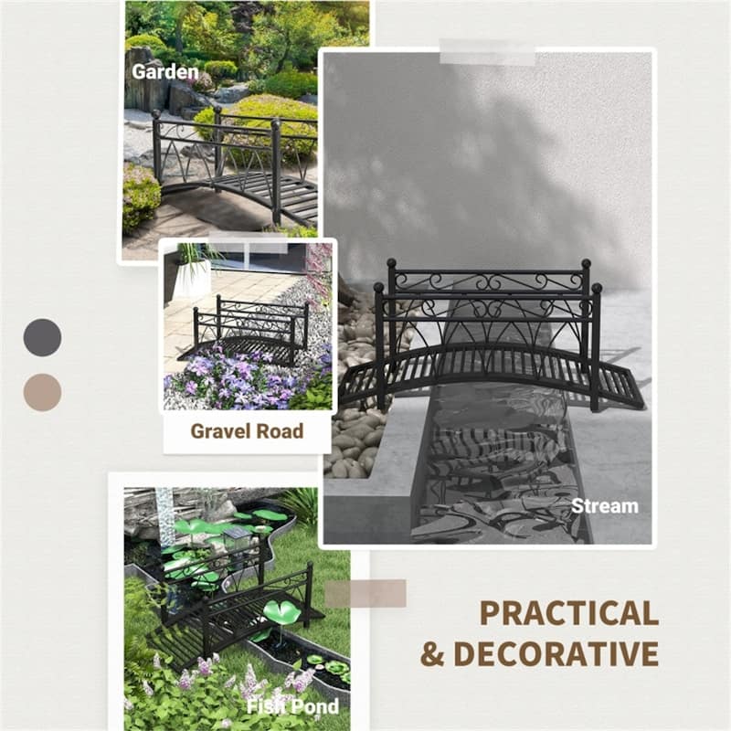 Vintage Style Decorative Steel Garden Bridge with Scrollwork and Safety Side Rails for Outdoor Pond Stream