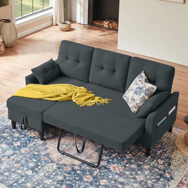 76.18" Upholstered Sleeper Pull Out Sofa Couch with Storage Chaise - Dark Grey