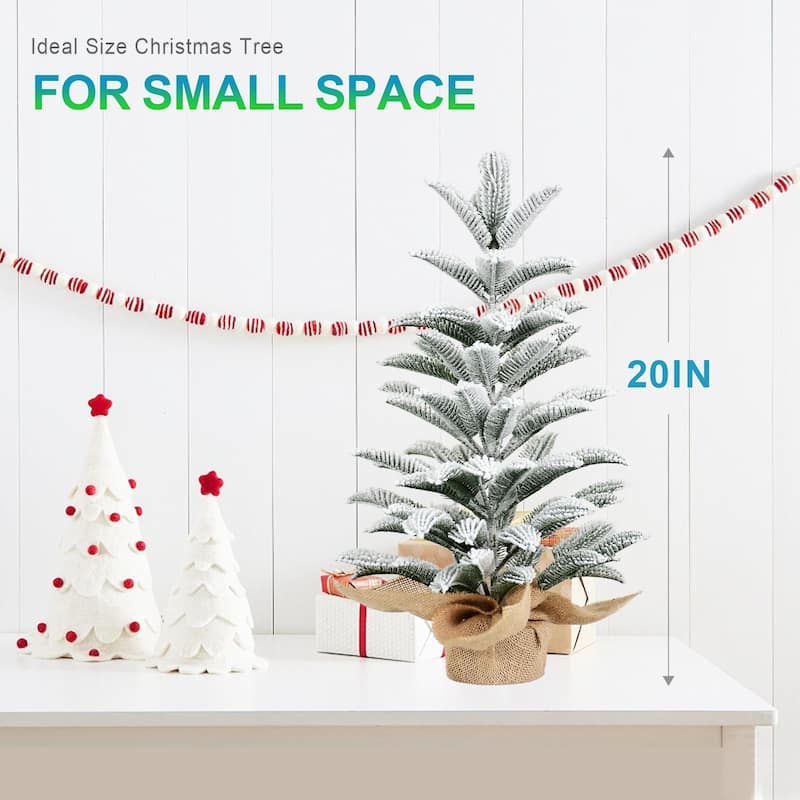 50CM Flocked Tabletop Christmas Tree, Full PE Snowy Mini Tree with 85 Tips,Cement Burlap Base