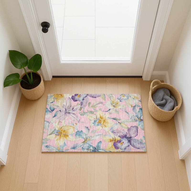 Machine Washable Indoor/ Outdoor Modern Floral Chantille Rug