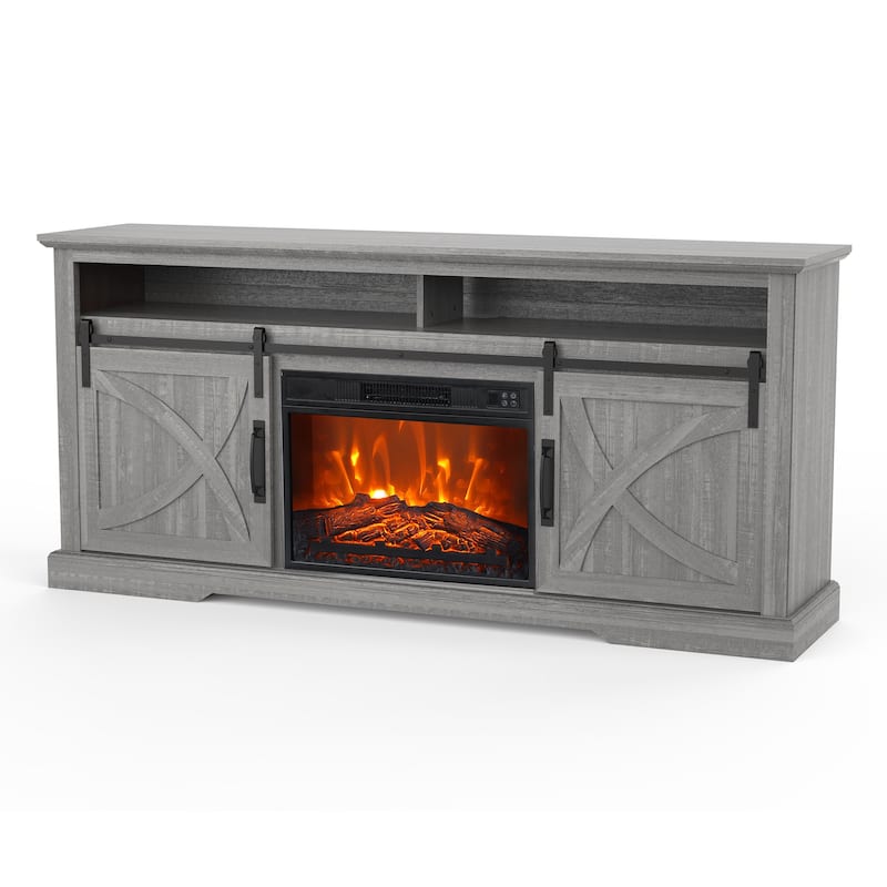 68" Farmhouse Sliding Barn Door Fireplace TV Stands Console Table with 23" Electric Fireplace