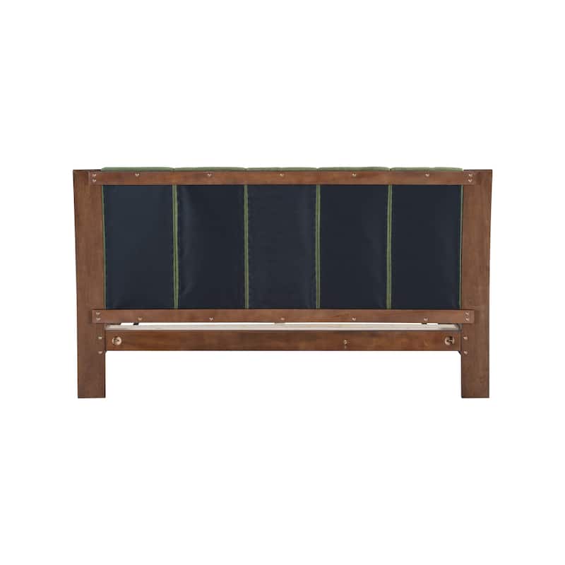 Pine Wood Bed Frame Mid Century Modern Platform Bed with Green Upholstered Headboard, Wood Slat Support Low Profile Wingback Bed