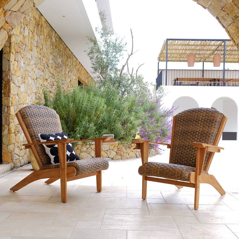 Cambridge Casual Camden Teak Patio Adirondack Chair Set with Padded Woven Seat - FREE Patio Cover - Natural Teak/Brown Wicker - 2 Piece Set Adirondack