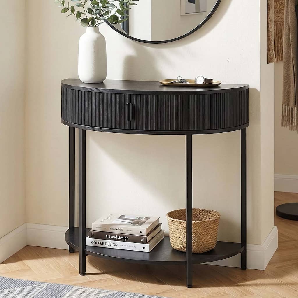 Half Moon Console Table with Drawer Storage, Narrow Entryway Table with Hidden Cabinet and Shelf for Living Room Hallway