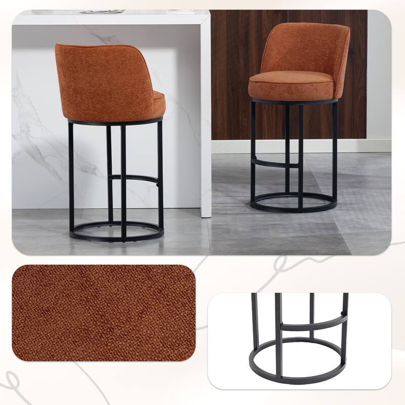 Counter Height Bar Stools Set of 2, Modern Barrel Counter Stools with Backrest, Linen Fabric Upholstered Accent Bar Stools - Orange