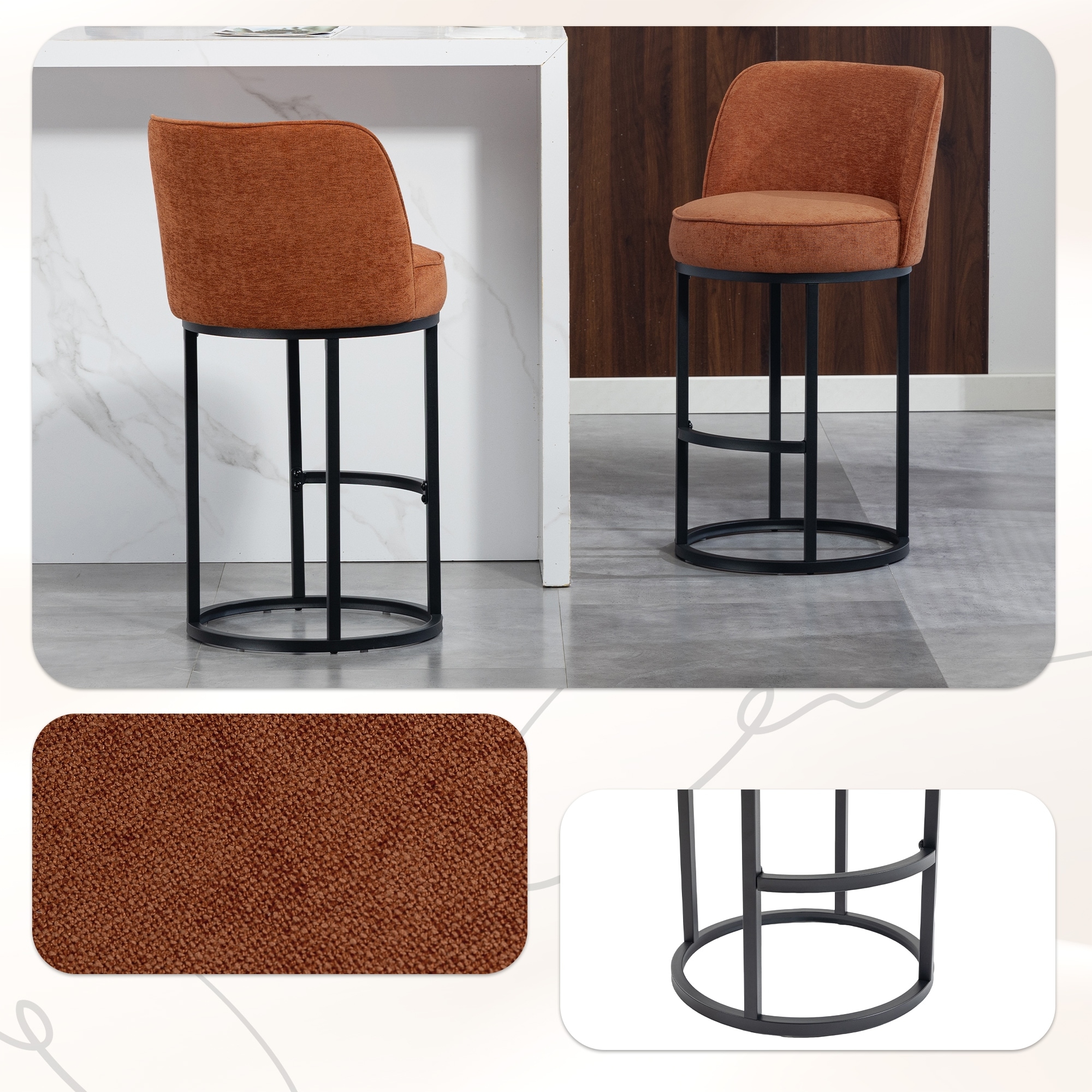 Set of 2 Modern Barrel Counter Stools with Backrest, Linen Upholstered Bar Stools for Kitchen Island