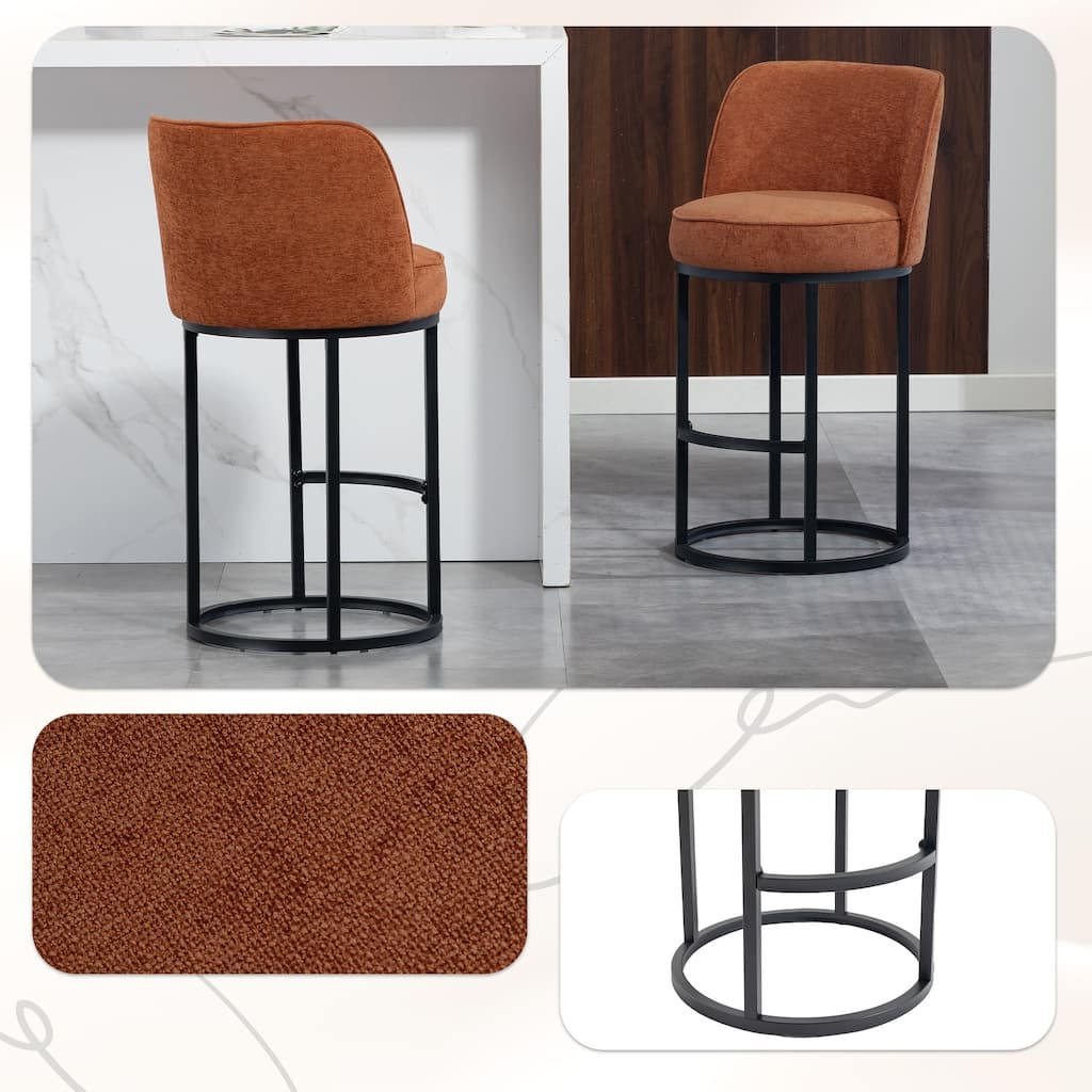 Set of 2 Modern Barrel Counter Stools with Backrest, Linen Upholstered Bar Stools for Kitchen Island