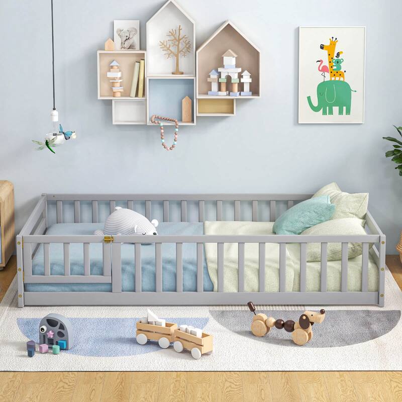 Costway Twin Size Floor Bed with Door & Fence with Safety Guardrails &