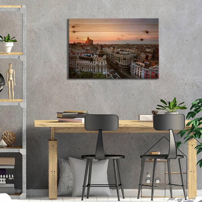 Sunset Over Madrid, Spain Print On Wood by Matteo Colombo - Multi-Color