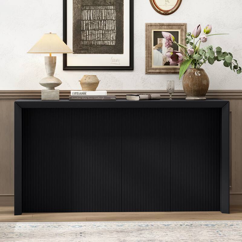 59" Wood Veneer Simple Entryway Table with Wavy Design - Black