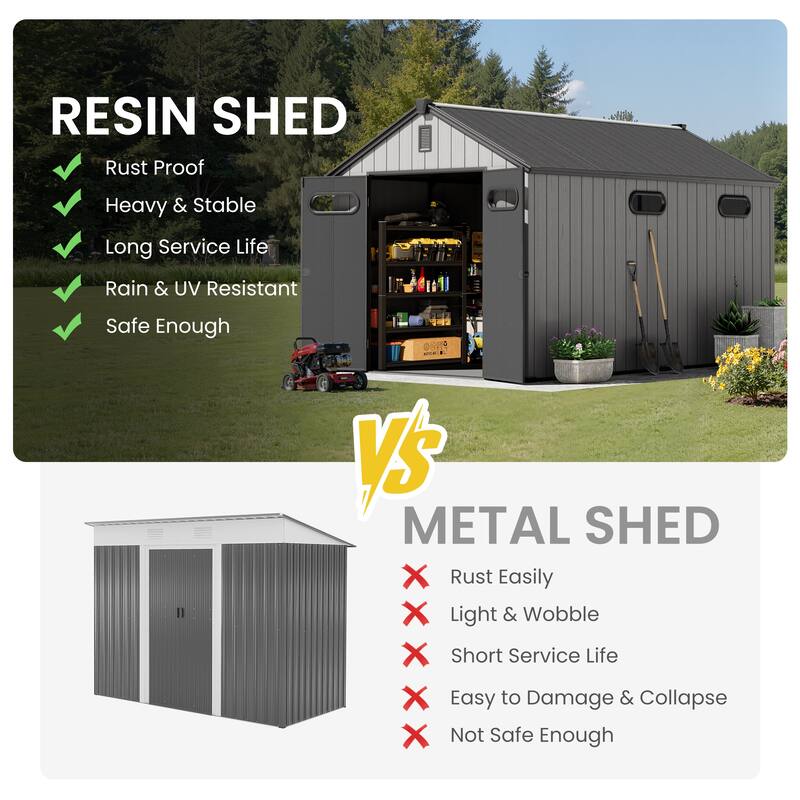 8' x 8' / 8' x 10'/ 8' x 12' Outdoor Resin Storage Shed with Floor & Lockable Doors All-Weather Garden Tool Storage for Patio