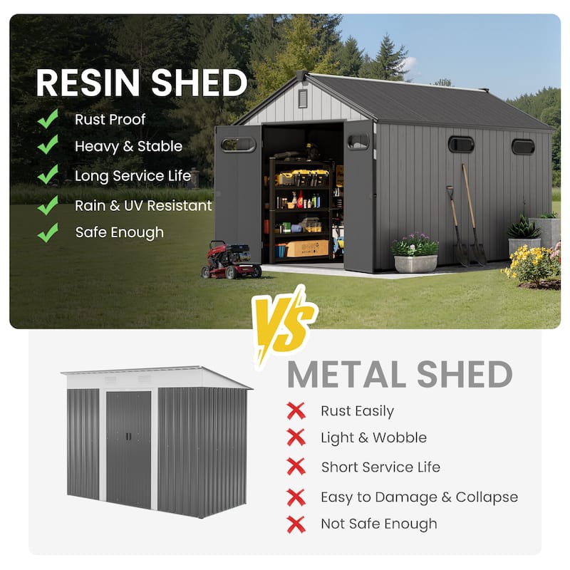 All-Weather Outdoor Storage Shed Waterproof Resin Garden Shed with Floor, Lockable Doors, Skylight for Lawn Tools & Bikes
