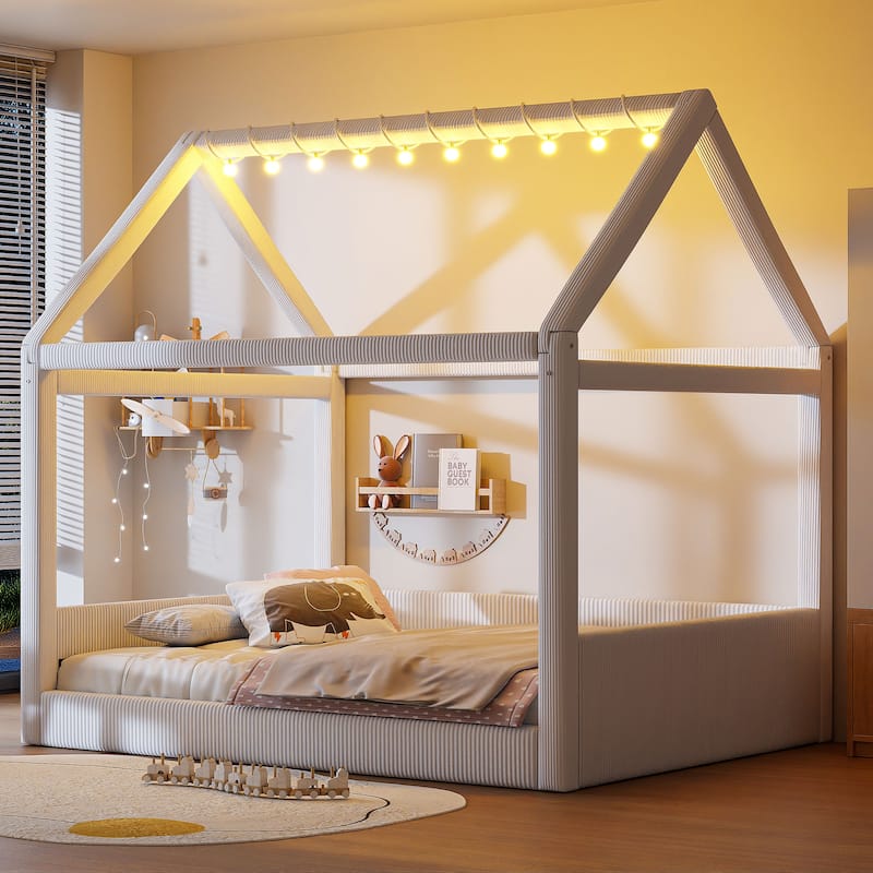 Full Size Upholstered Bed Frame Floor Daybed House Bed with House Roof LED Light Strips and Wood Slat Support for Childrens Room
