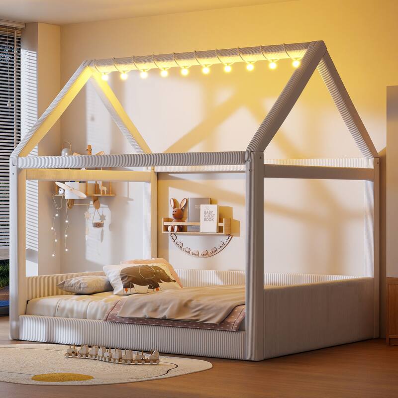 Full Size Upholstered House Bed Frame, Kids Platform Bed with LED Light Strips - Beige