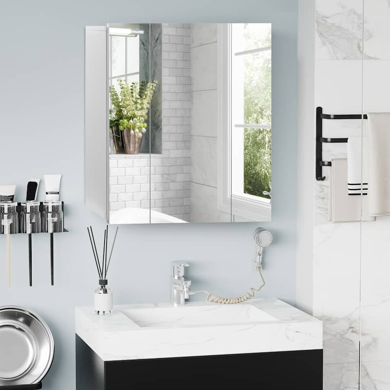 kleankin White Bathroom Medicine Cabinet with Mirror, Wall Mounted Bathroom Mirror Cabinet with 3 Doors, Adjustable Shelves - White