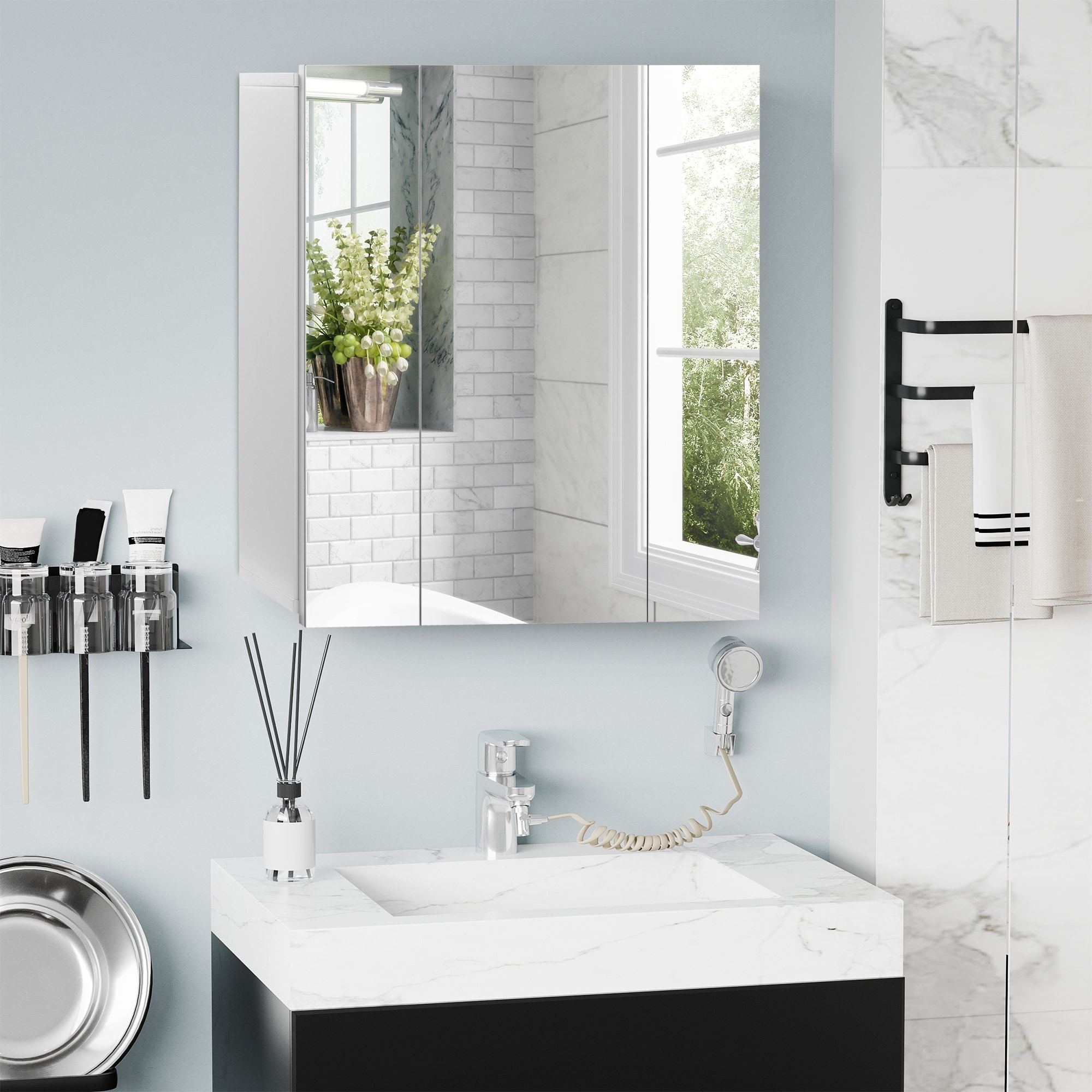 kleankin White Bathroom Medicine Cabinet with Mirror, Wall Mounted Bathroom Mirror Cabinet with 3 Doors, Adjustable Shelves