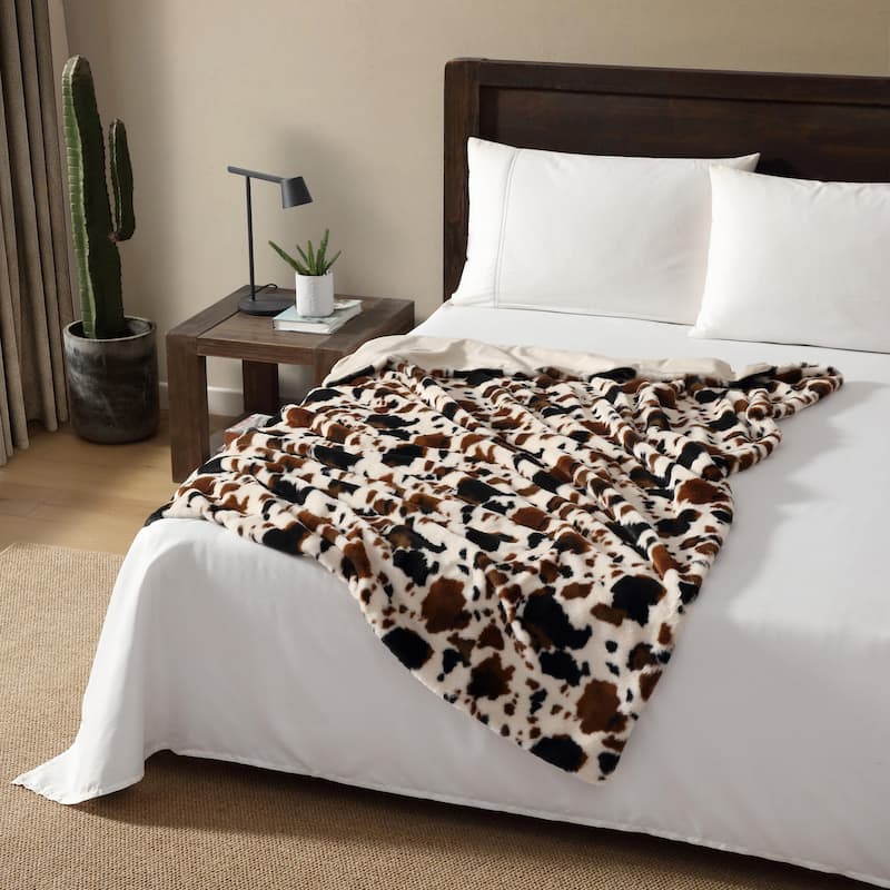 Wrangler Spotted Cow Print Faux Fur Brown Throw Blanket