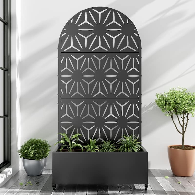 Metal Movable Planter Box with Trellis Privacy Screen Planter Box with Lockable Wheels - Black4