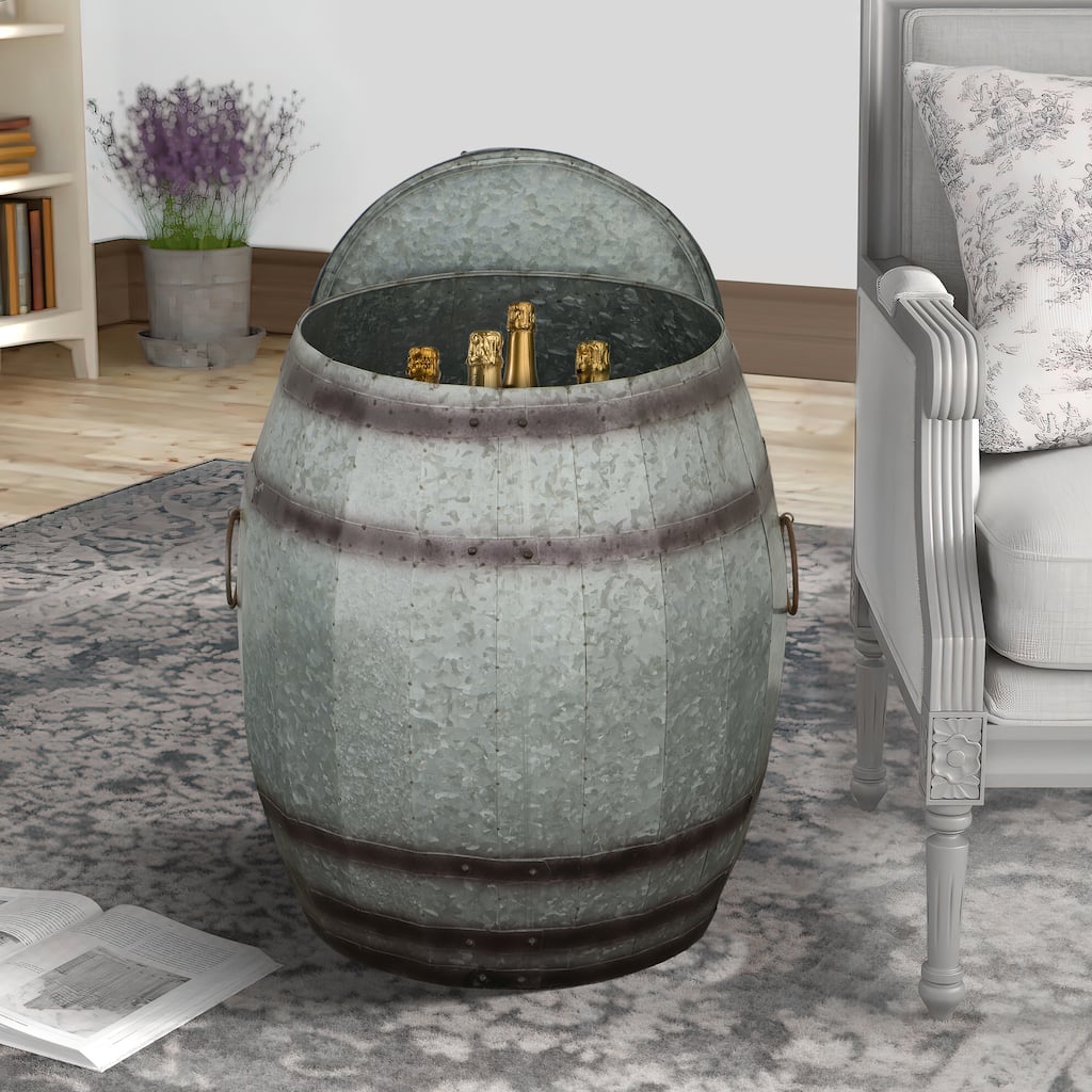 Barrel Drum Shape Storage Table with Removable Lid, Rustic Brown and Gray Metal