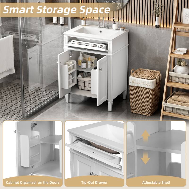24" Bathroom Vanity with 2 Doors and Tip-Out Drawer, Bathroom Storage Cabinet with Sink, Soft-Closing Doors with Organizers