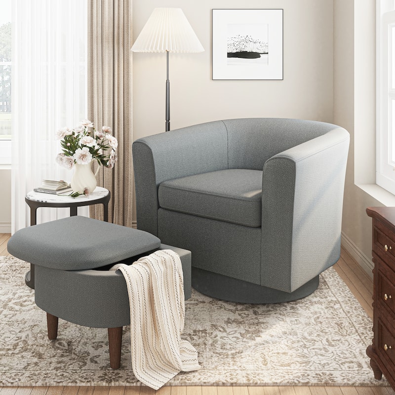 Swivel Barrel Chair & Ottoman with Storage - Upholstered Accent Chair for Living Room Bedroom Office
