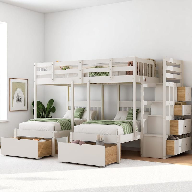 Wood Triple Bunk Bed Full Over Twin and Twin with Storage Drawers and Staircase, 600 lbs Capacity Top - White - Full
