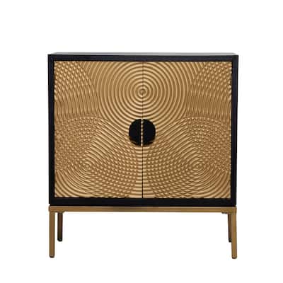 Wood Geometric Relief Ripple Design 2 Door Cabinet with Crescent Moon Handles - Bronze - Roche River Decor - 14"W x 30"L x 33"H