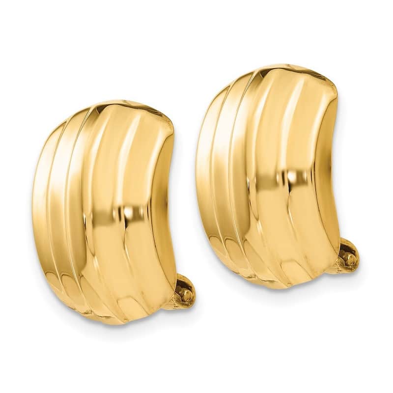 Curata 14k Yellow Gold Open back Polished Ribbed Non Pierced Omega Back Earrings - 17x12mm Wide