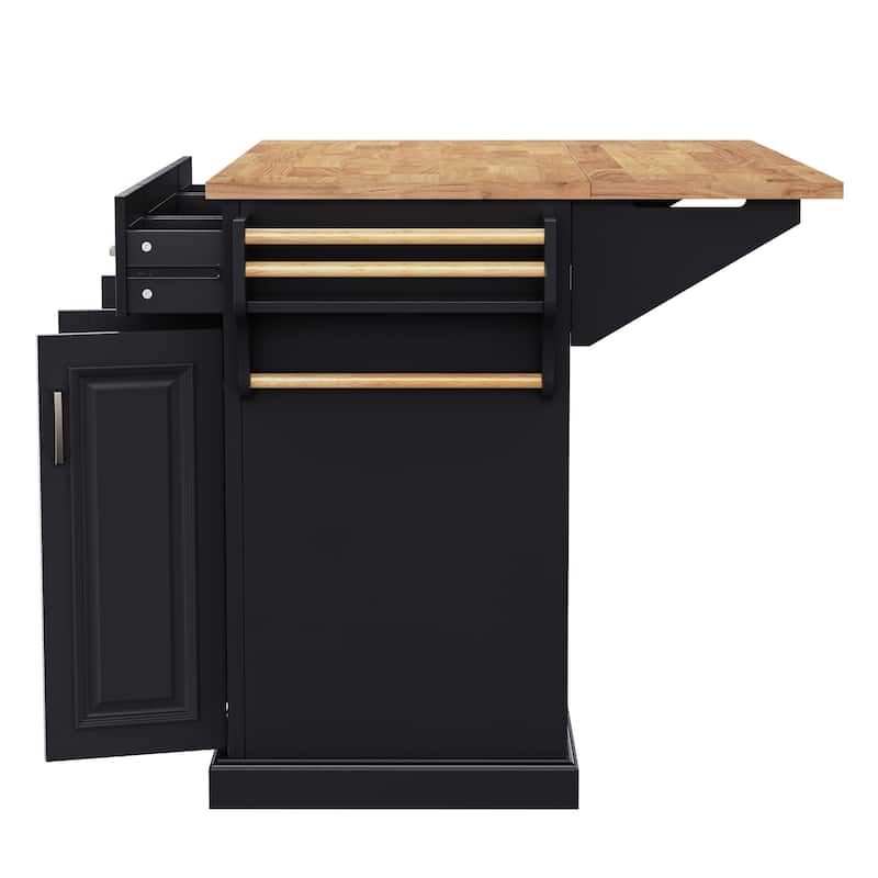 54" Large Rolling Kitchen Island with Rubber Wood Drop Leaf - Embossed Texture Storage Cart with 4 Doors & 3 Drawers for Kitchen