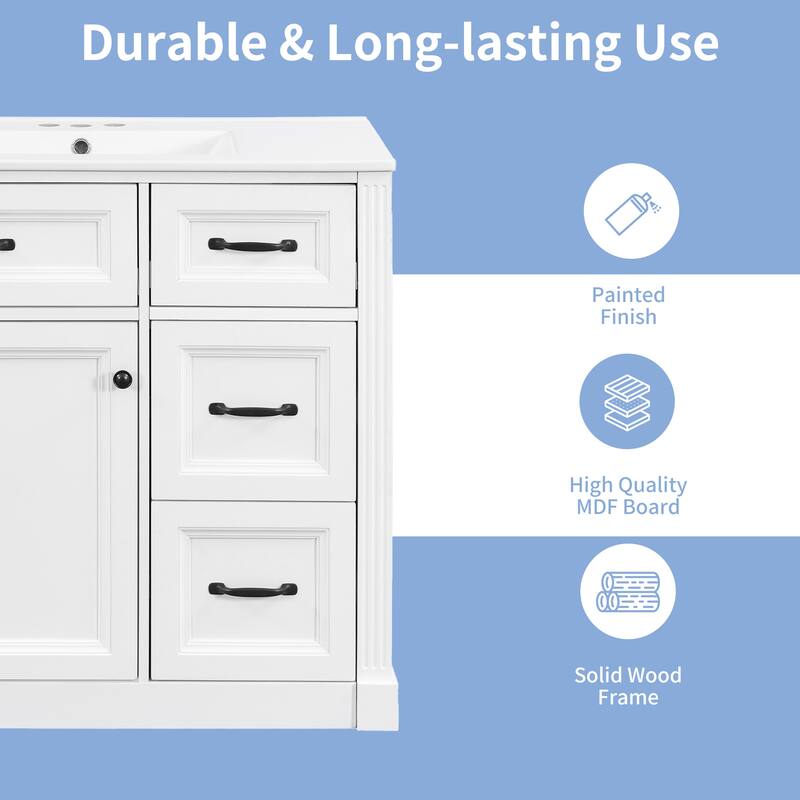 Roomfitters 36" Bathroom Vanity with Sink, Solid Wood Frame, 4 Drawers & Soft-Close Door with Storage Rack