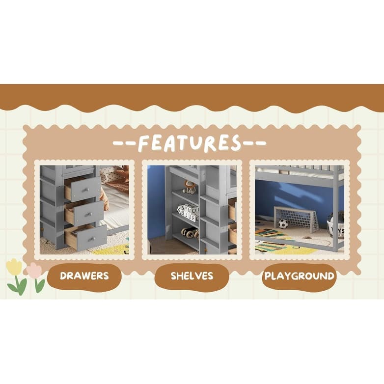 Grey Twin Size Wood House Bunk Bed with Shelves, Ladder and Drawers for Bedroom