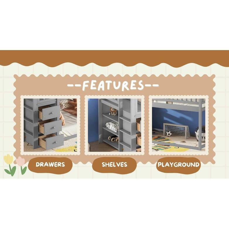 House-shaped Storage Loft Bed Twin Over Twin Size Bunk Bed with Built-in Shelves, 3 Drawers and Guardrail, No Slats Floor Bed