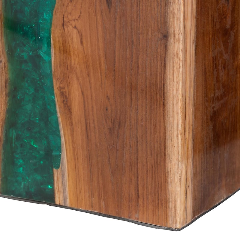 Anan Teak Wood Epoxy Resin End Table - Live Edge Cube Side Table, Handcrafted Modern Rustic Accent Table