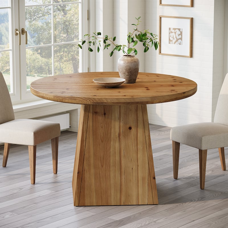 Solid Wood Round Dining Table for 4, Small Circle Kitchen Table with Sturdy Pedestal Base - Brown