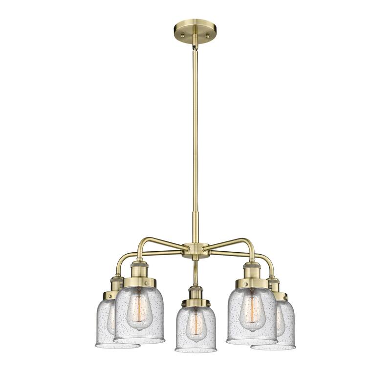 Innovations Lighting Bell - 5 Light 23" Stem Hung Chandelier - Antique Brass/Seedy