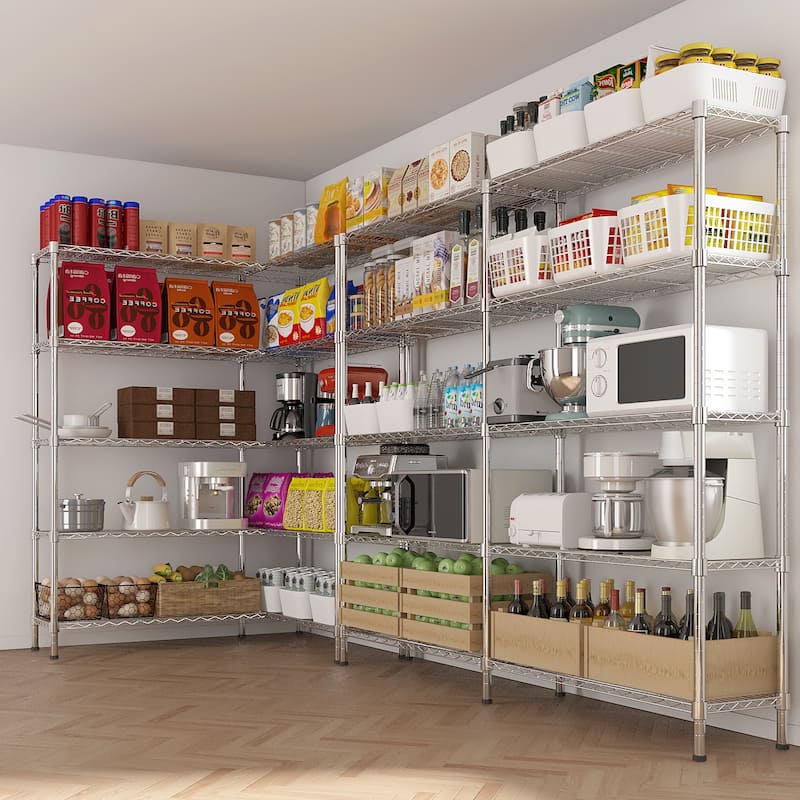 Expandable 5-Tier Chrome Finish Metal Storage Rack with Adjustable Shelf for Home and Office - 147×35×150cm
