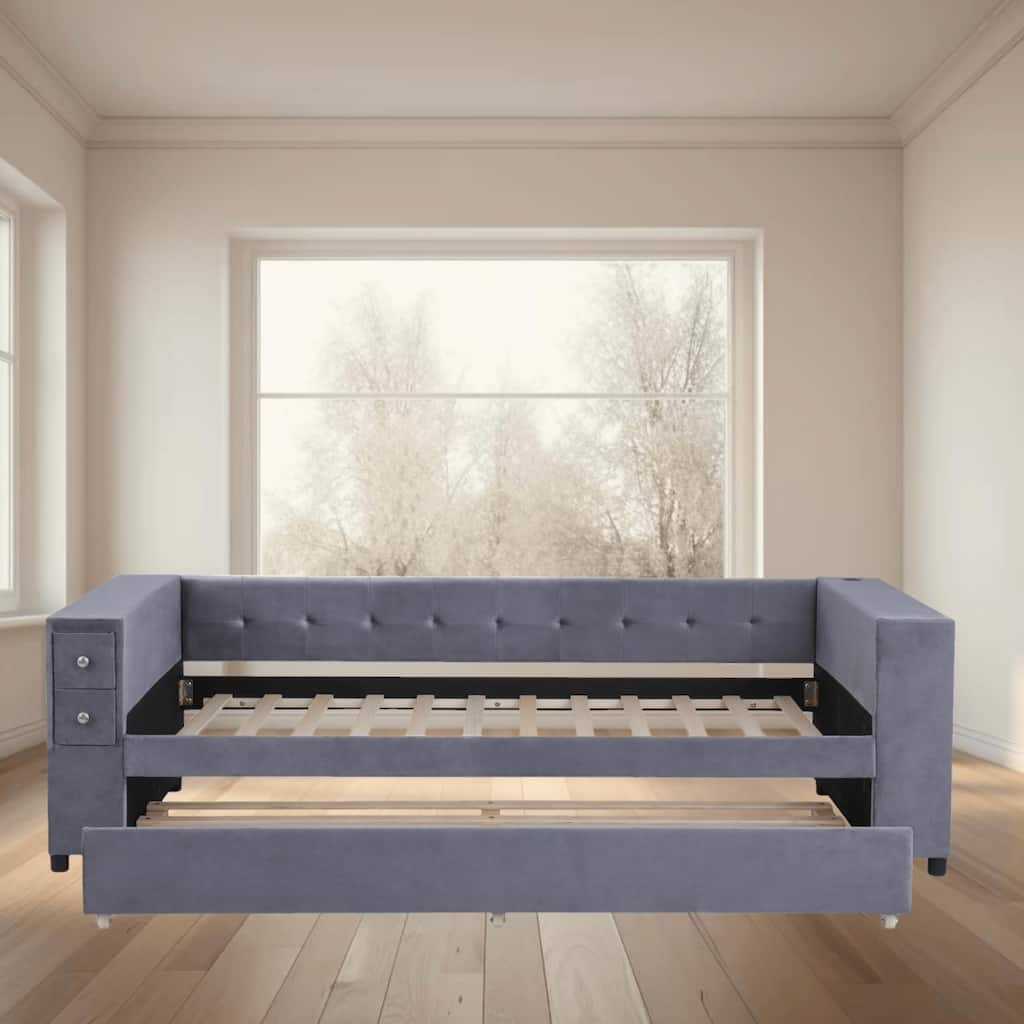 Twin Size Upholstered Bed with Storage, Pull-Out Trundle, and USB Charging Ports, Stylish and Functional Daybed, Sofa Bed