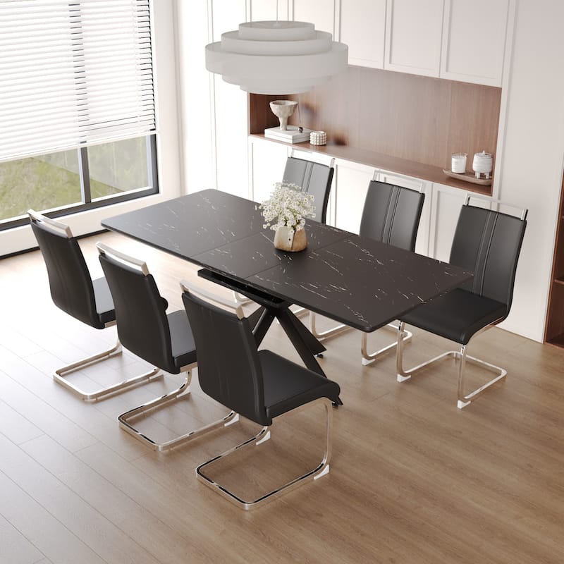 Modern Dining Set with Rectangular Extendable Large Table & C-shaped Tube Soft Padded Armless Chairs