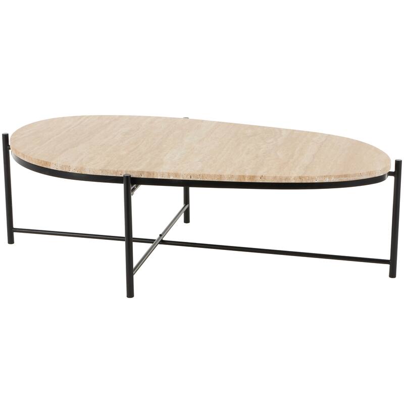 Beige Marble Living Room Coffee Table with Black Metal Support