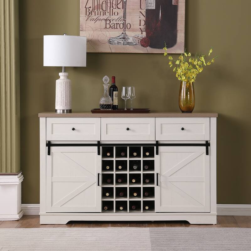 Farmhouse Wine Bar Cabinet with Sliding Barn Doors, 58" Storage Cabinet Buffet Sideboard with Wine Rack & 3 Drawers - White+Oak