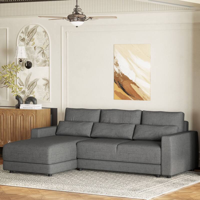 Versatile L-Shaped Sectional Sofa with Pillows, Linen Fabric, Gray