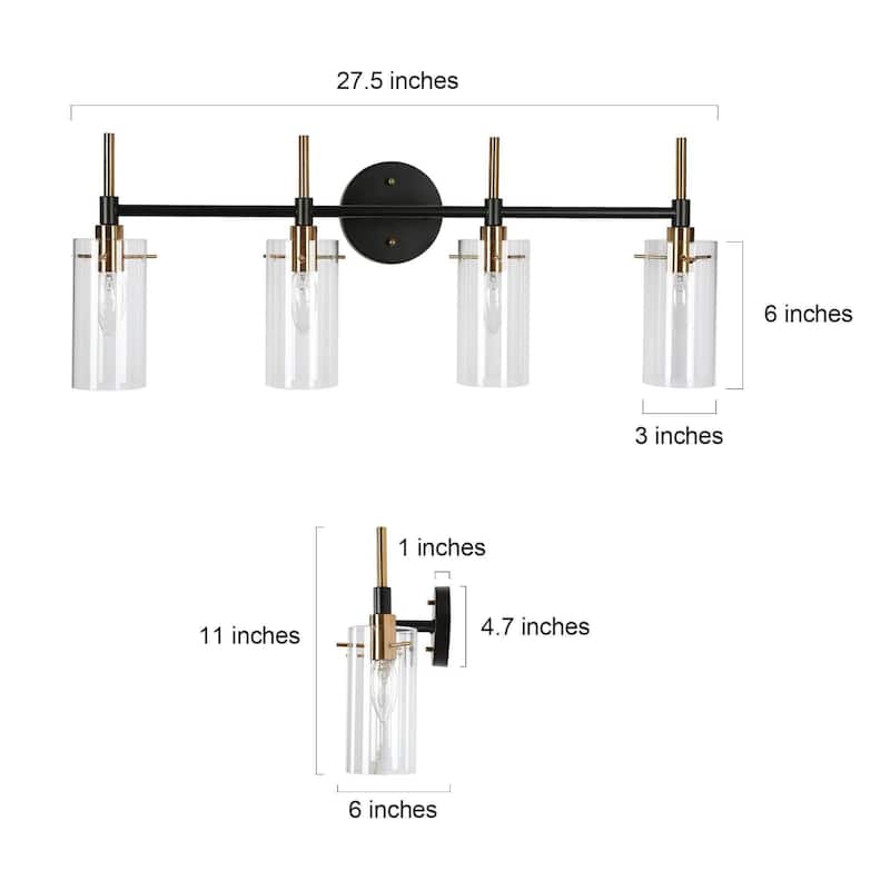 Modern Black Gold Bathroom Vanity Light Dimmable Wall Sconces with Cylinder Clear Glass
