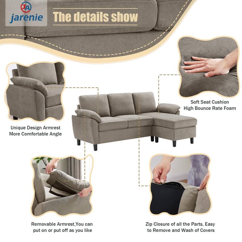 Modern Sectional Sofa Couch L Shaped with Removable Armrest, Convertible Couch with Reversible Ottoman for Living Room