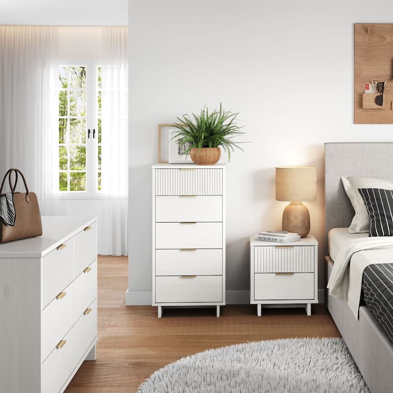Manhattan Comfort 3-Piece Granville Modern Solid Wood Narrow Chest Dresser Nightstand Set. - White