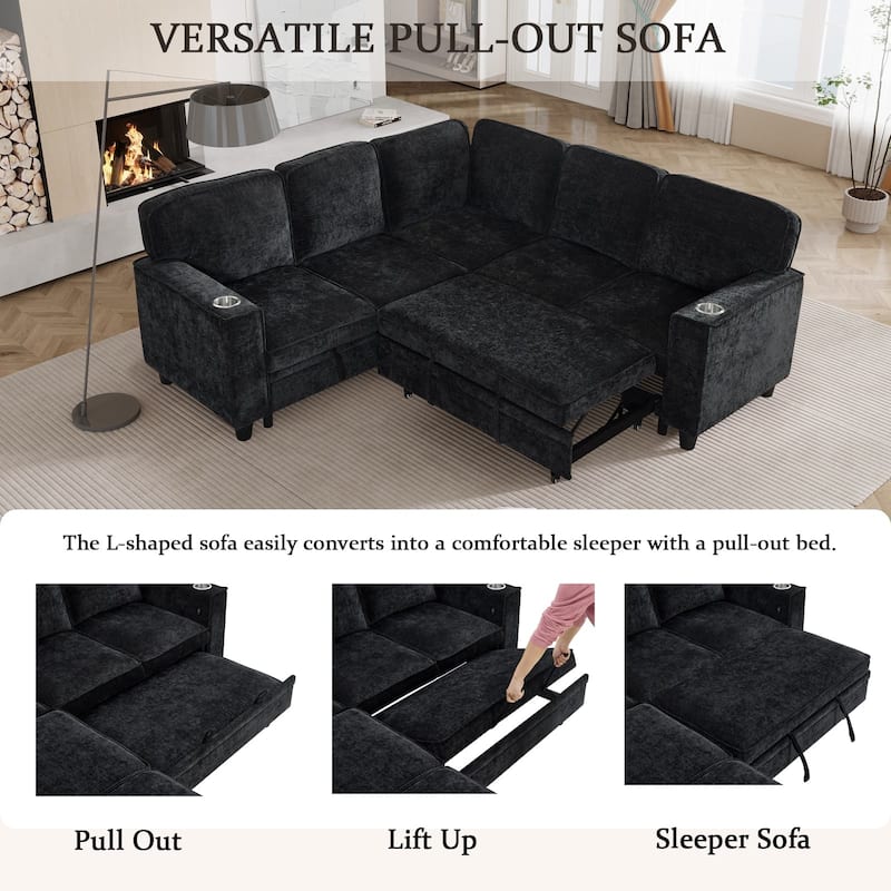 5-Seat Chenille Storage Sectional Sofa Sleeper Couch with Pull-Out Bed