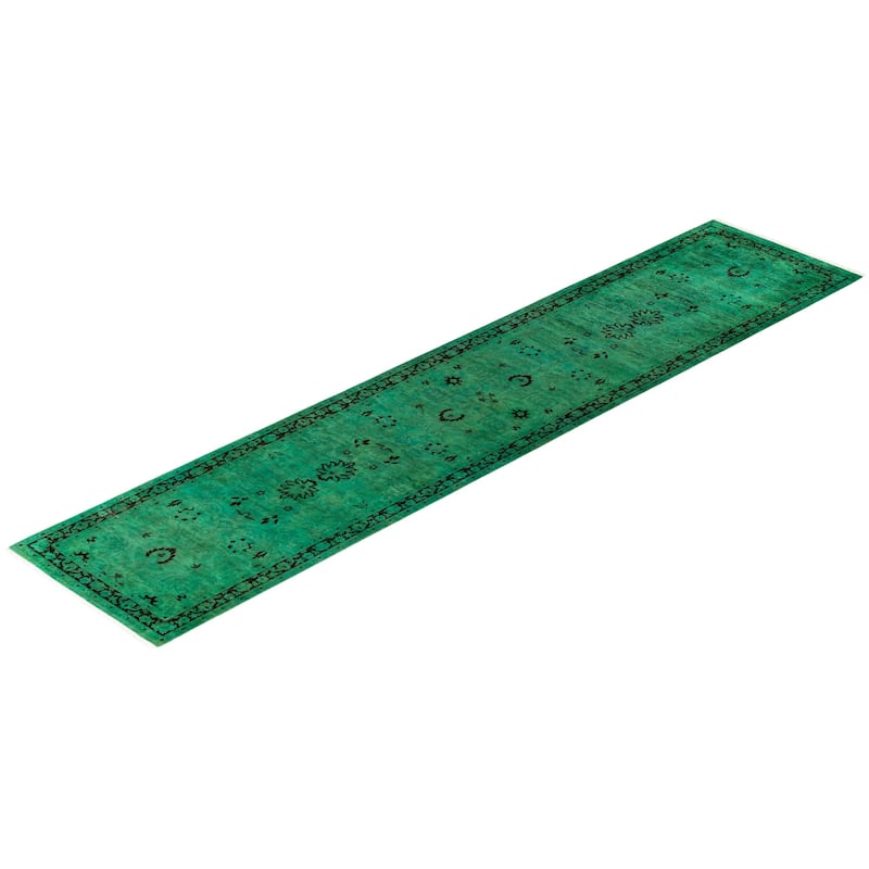 Overton Hand Knotted Wool Vintage Inspired Modern Contemporary Overdyed Green Area Rug - 2' 7" x 12' 3"