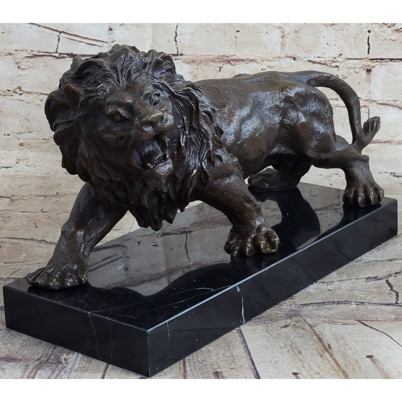 Bronze Sculpture Angry Hungry Male Lion Marble Base Figurine Art Deco Figure